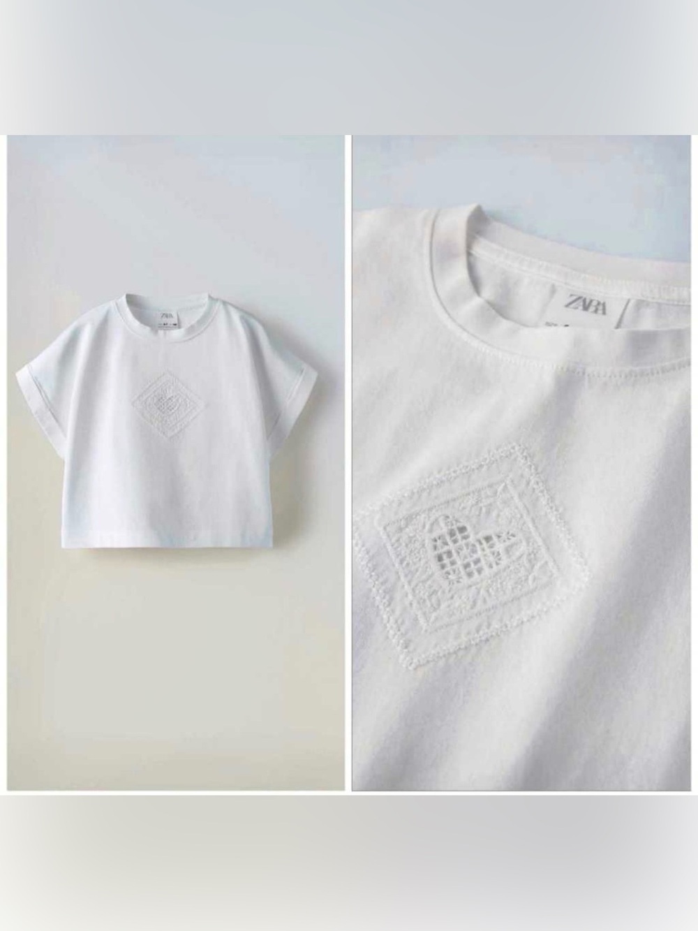 Zara White Embroidered Cotton Tee cropped. Rolled sleeve XS/ S